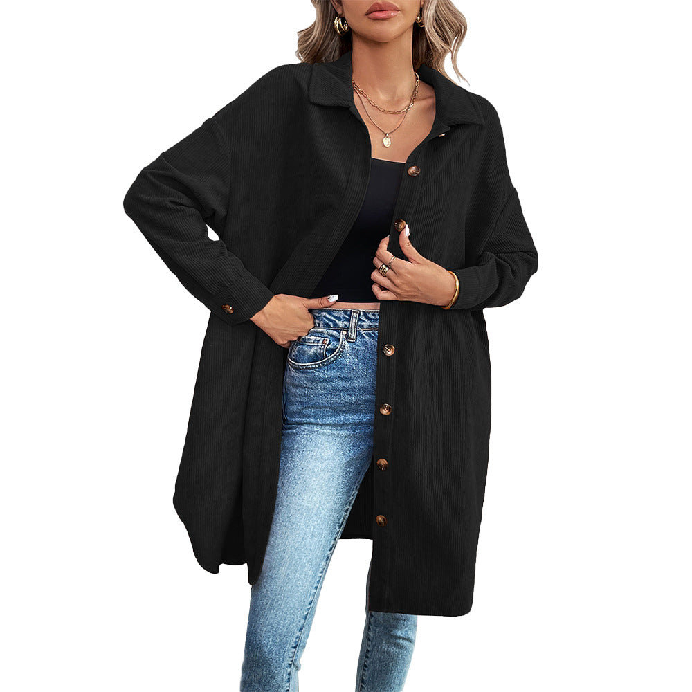Damen lange Oversize-Cord-Hemdjacke mit durchgehender Knopfleiste und Hemdblusen-Kragen Drune