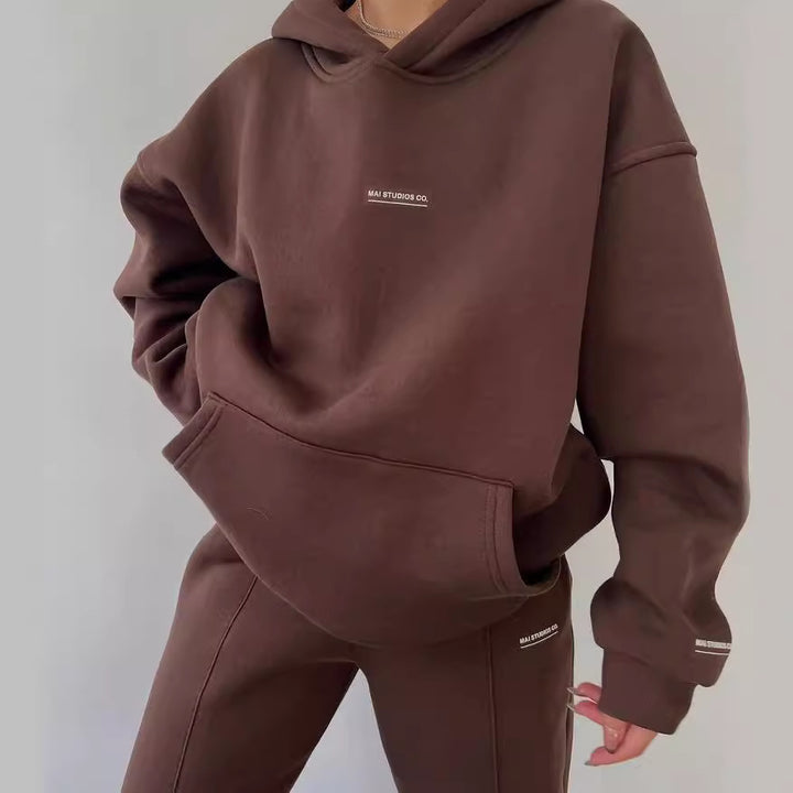 Damen Set Schwere French‑Terry Oversize‑Kapuzenpullover mit Kängurutasche und Slim‑Jogginghose Drune