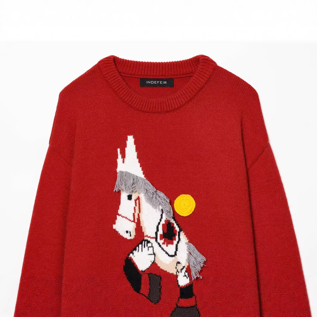 Damen Strickpullover mit Pferde-Motiv und Fransenapplikation, Oversize-Rundhals Drune