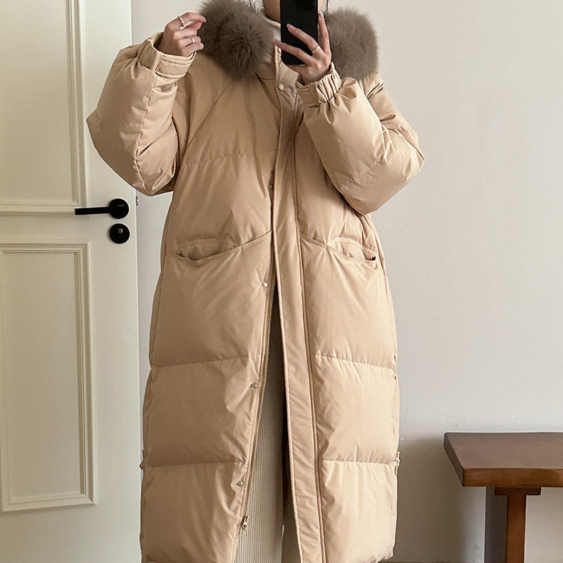 Damen Lange gefütterte Winterjacke mit hochwertigem Kunstfellkragen und praktischen Taschen Drune