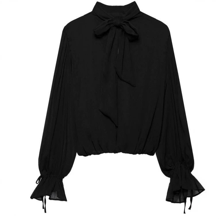 Damen Elegante Chiffon‑Schluppenbluse mit Ballonärmeln und gerafftem Saum Drune