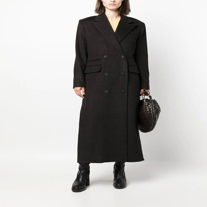 Damen Maxilanger Doppelreihiger Wollmix-Longcoat mit strukturierten Schultern und Pattentaschen Drune