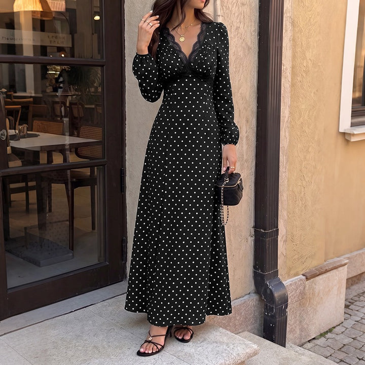 Damen Polka‑Dot Maxikleid mit Spitzen‑V-Ausschnitt, Empire‑Taillenlinie und langem Fließrock Drune