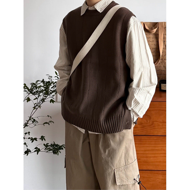 Herren Oversized Ärmellose Strickweste mit geripptem Saum und Rundhalsausschnitt Drune