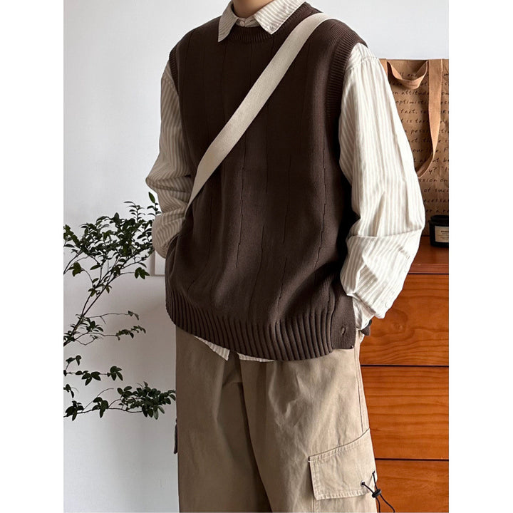 Herren Oversized Ärmellose Strickweste mit geripptem Saum und Rundhalsausschnitt Drune
