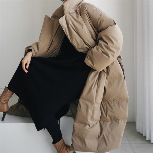 Damen Oversized Steppmantel Maxi mit hohem Stehkragen, Bindegürtel und winddichter Füllung Drune