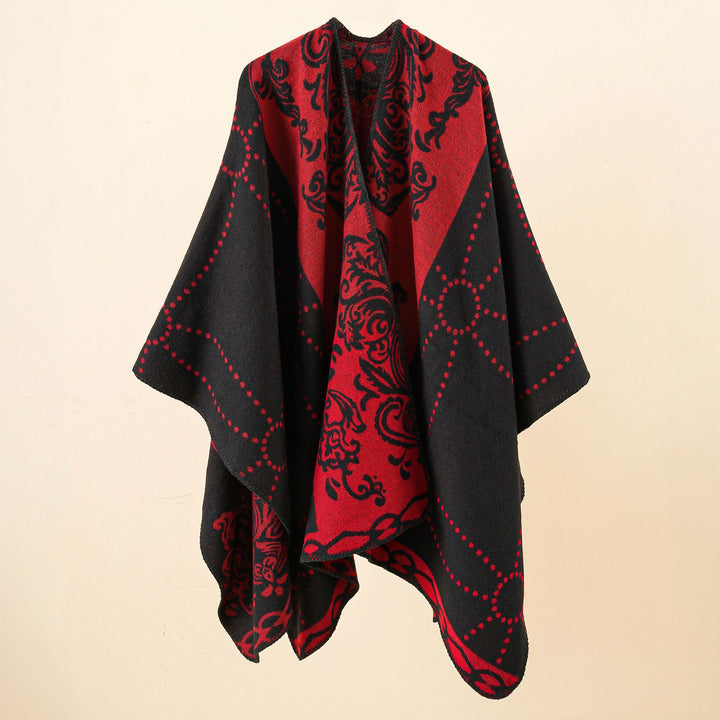 Damen Jacquard-Ruana im Umhangstil mit kontrastierender Kettelsaum Drune