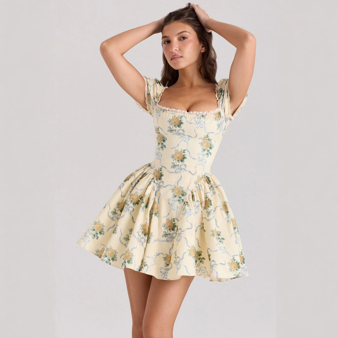 Damen Blumenkleid mit Puffärmeln und Rüschen Drune