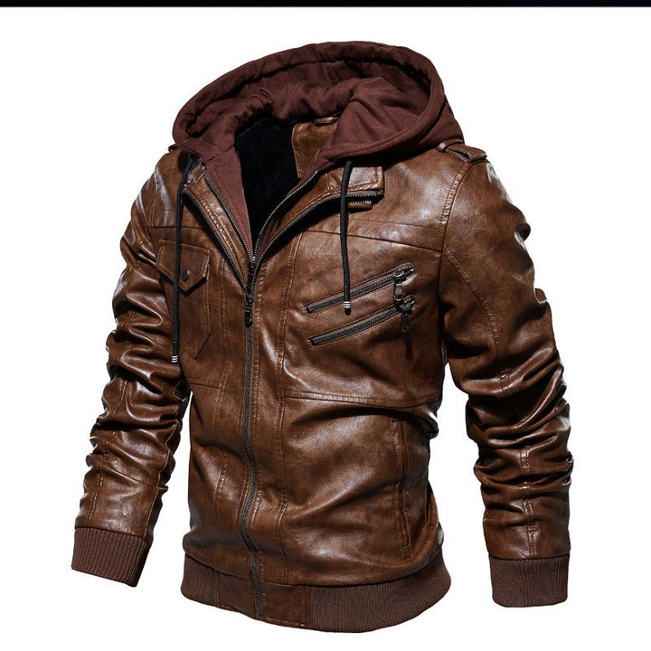 Herren modische Lederjacke mit Kapuze und Innenfleece Drune