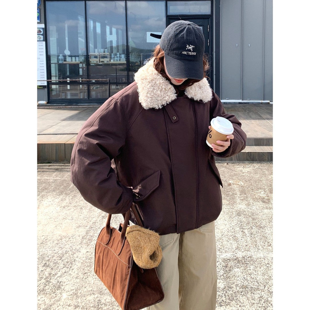 Damen Oversize-Kurzjacke mit Teddykragen und Pattentaschen Drune