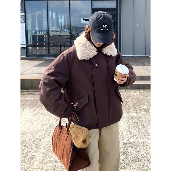 Damen Oversize-Kurzjacke mit Teddykragen und Pattentaschen Drune