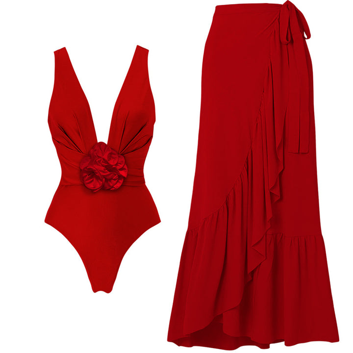 Damen Eleganter V-Ausschnitt Badeanzug mit dekorativem Blumenarrangement Drune