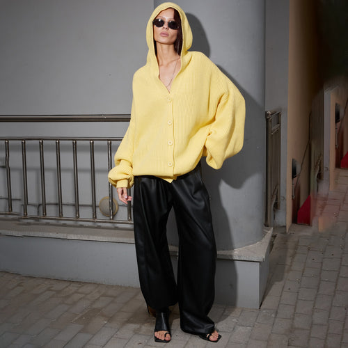 Damen Oversized Strickjacke mit Kapuze und Knopfdetails Drune