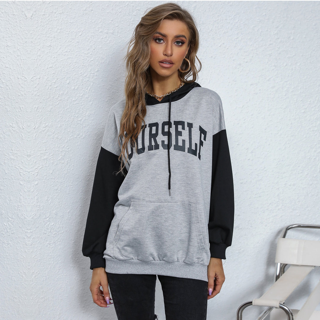Damen Oversize-Kapuzenpullover mit College-Print, Kängurutasche und Kontrastärmeln Drune