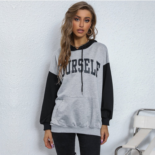 Damen Oversize-Kapuzenpullover mit College-Print, Kängurutasche und Kontrastärmeln Drune