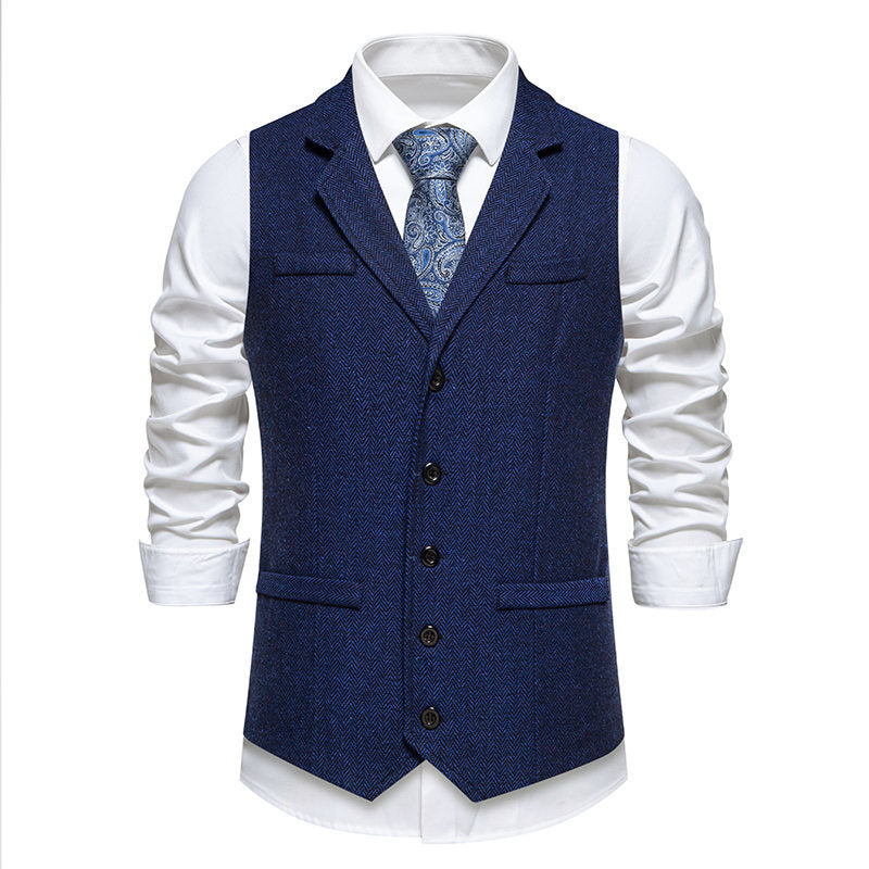 Herren Tweed-Weste mit Fischgrätmuster, Reverskragen und Pattentaschen Drune