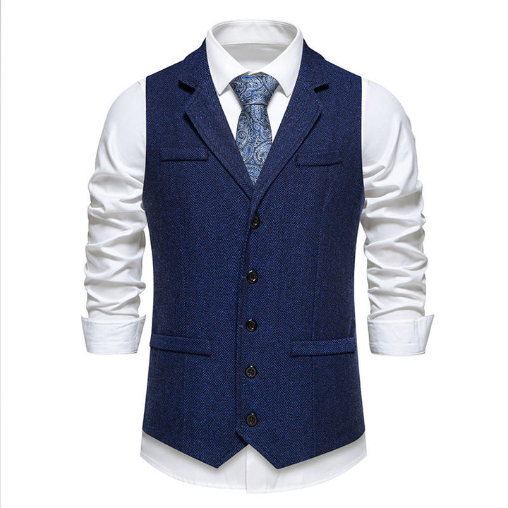 Herren Tweed-Weste mit Fischgrätmuster, Reverskragen und Pattentaschen Drune
