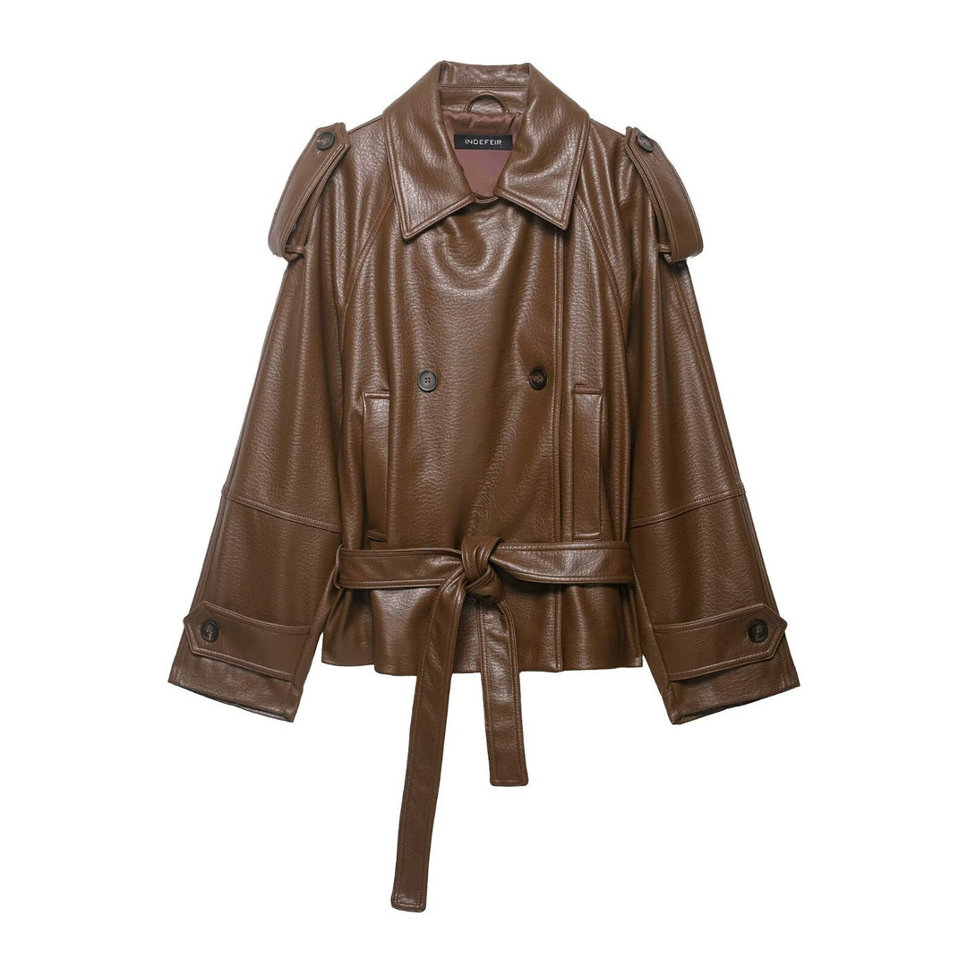 Damen Leder-Trenchcoat mit Bindegürtel, Schulterklappen und oversized Kragen Drune