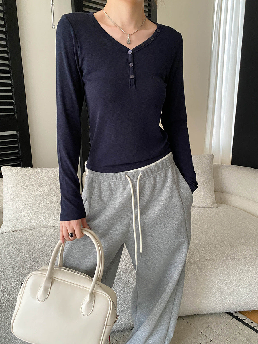 Damen Langarmshirt mit V-Ausschnitt und Knopfleiste Drune