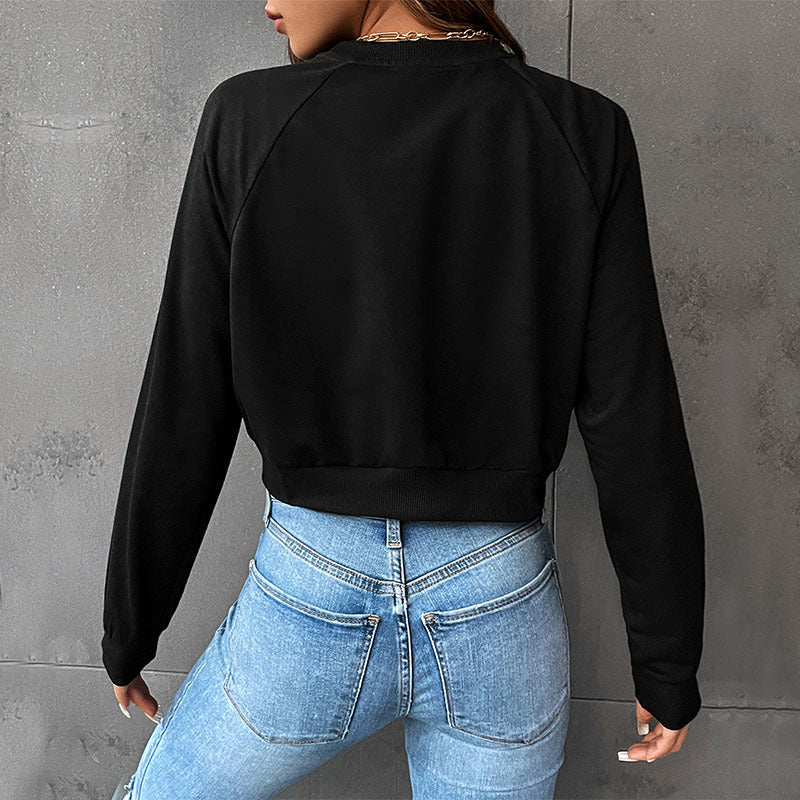 Damen Kurzes minimalistisches Sweatshirt mit Raglanärmeln und geripptem Saum Drune