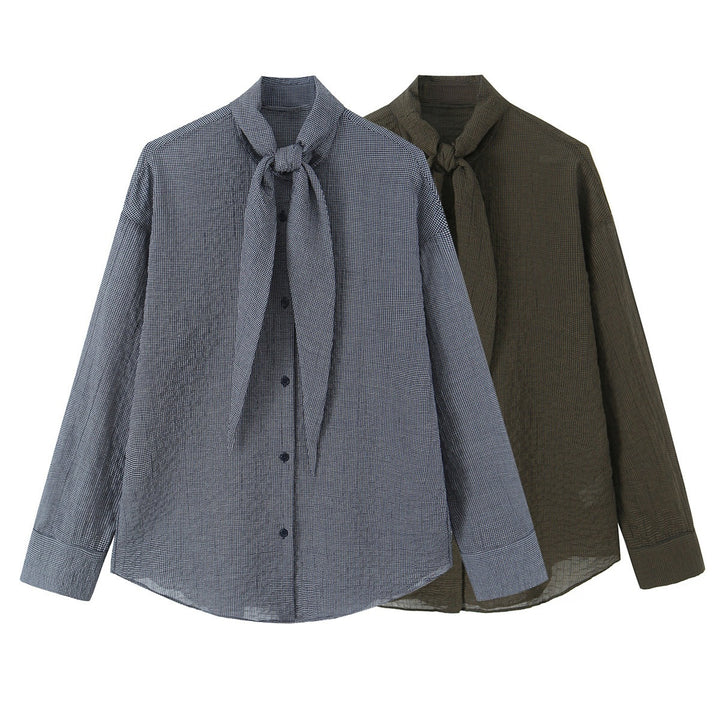 Damen Oversize-Bluse mit Schleifenkragen und feinem Vichy-Karo Drune