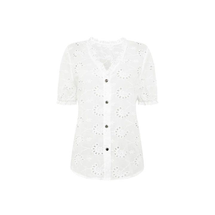 Damen luftiges Blusenshirt mit kunstvollen Lochmustern und Knopfdetails Drune
