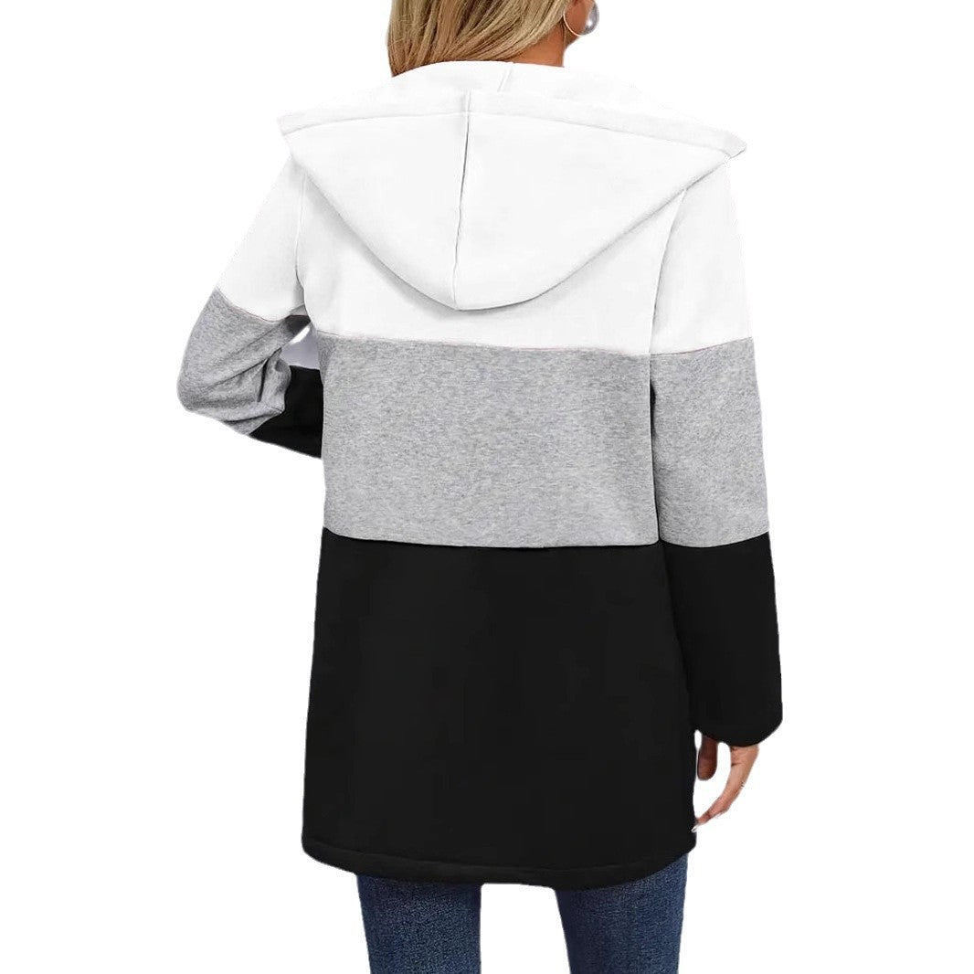Damen Kapuzen-Farbblock-Mantel mit durchgehendem Reißverschluss, oversized Schnitt und mittellanger Silhouette Drune