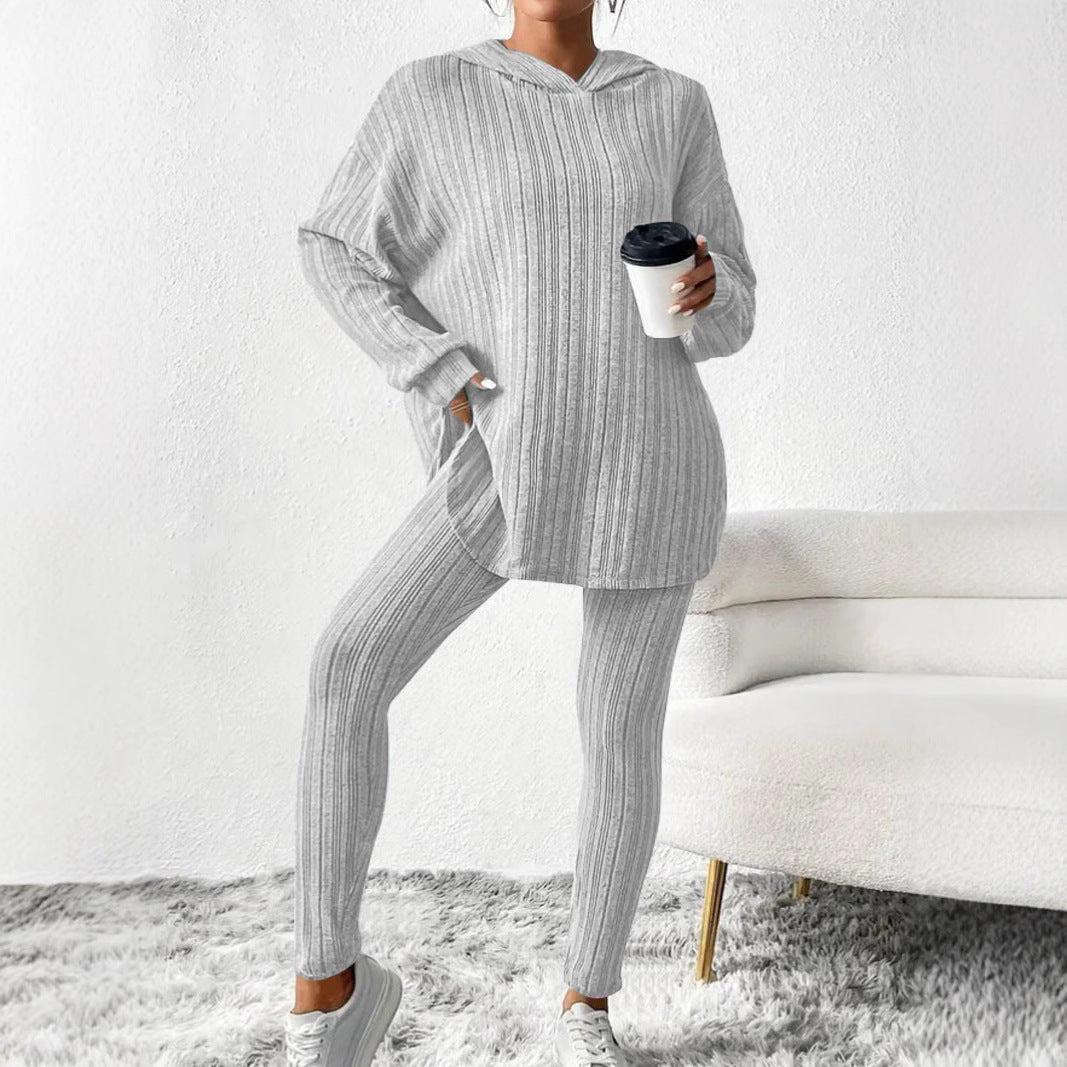 Damen Geripptes Feinstrick‑Loungewear‑Set mit Kapuzenpullover und hochtaillierten Leggings Drune