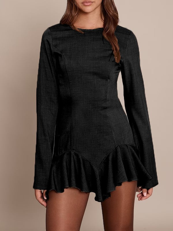 Damen Figurbetontes Langarm-Minikleid mit taillierten Nähten und Volant-Saum Drune