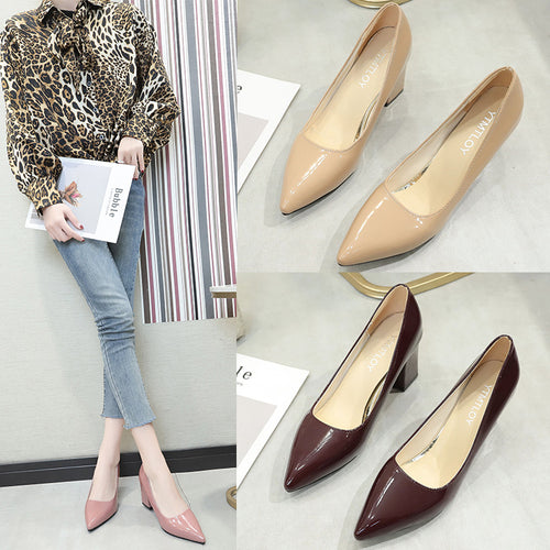 Damen Klassische Lack-Pumps mit spitzer Form und stabilem Blockabsatz Drune