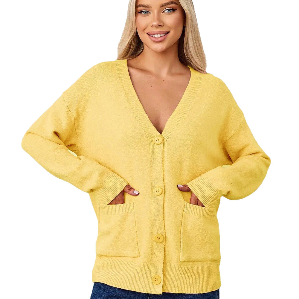 Damen Grobstrick-Cardigan mit tiefem V-Ausschnitt und praktischen Taschen Drune
