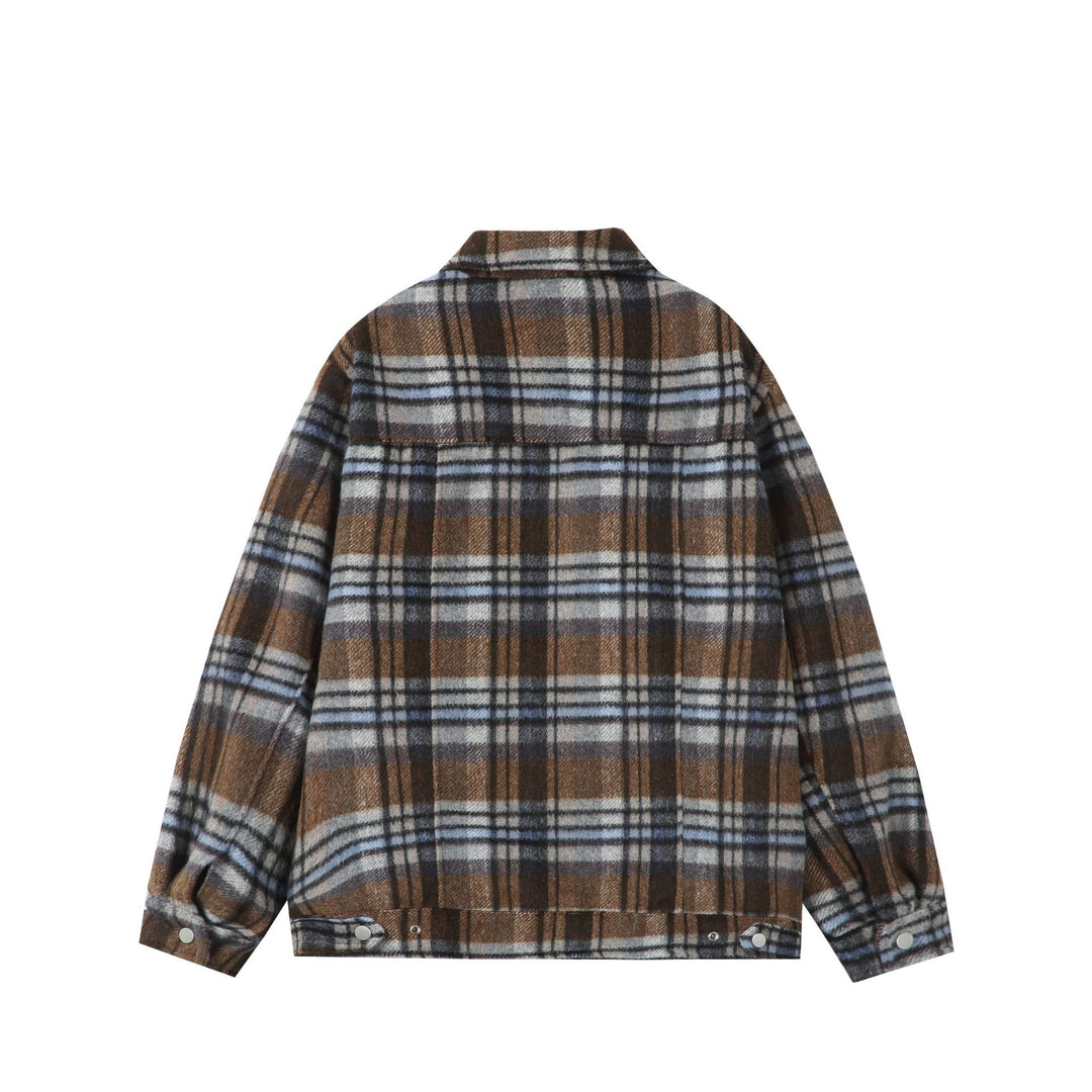 Damen Kurz geschnittene karierte Overshirt‑Jacke aus Wollmix mit Druckknopf‑Front und Pattentaschen Drune