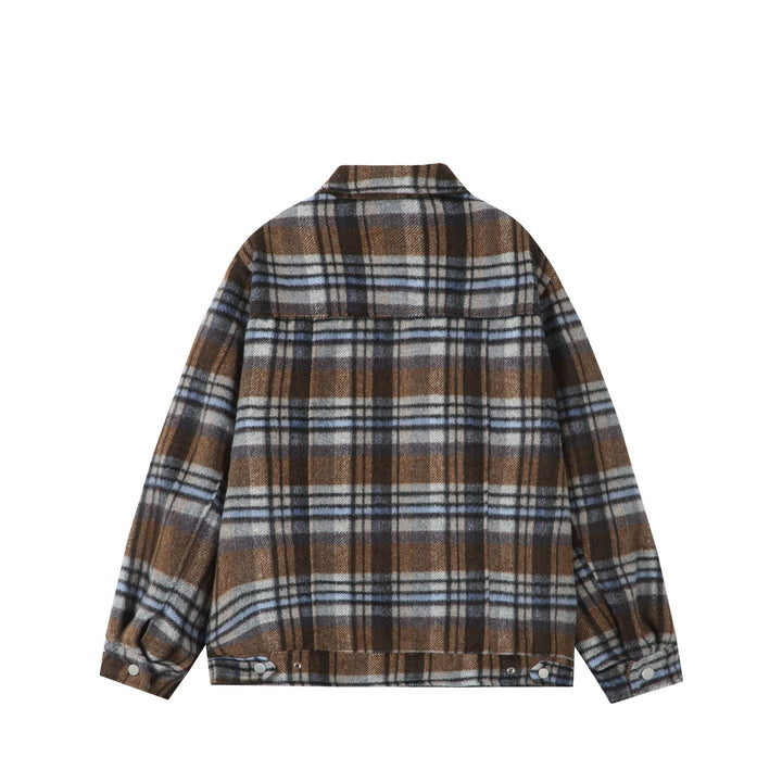 Damen Kurz geschnittene karierte Overshirt‑Jacke aus Wollmix mit Druckknopf‑Front und Pattentaschen Drune