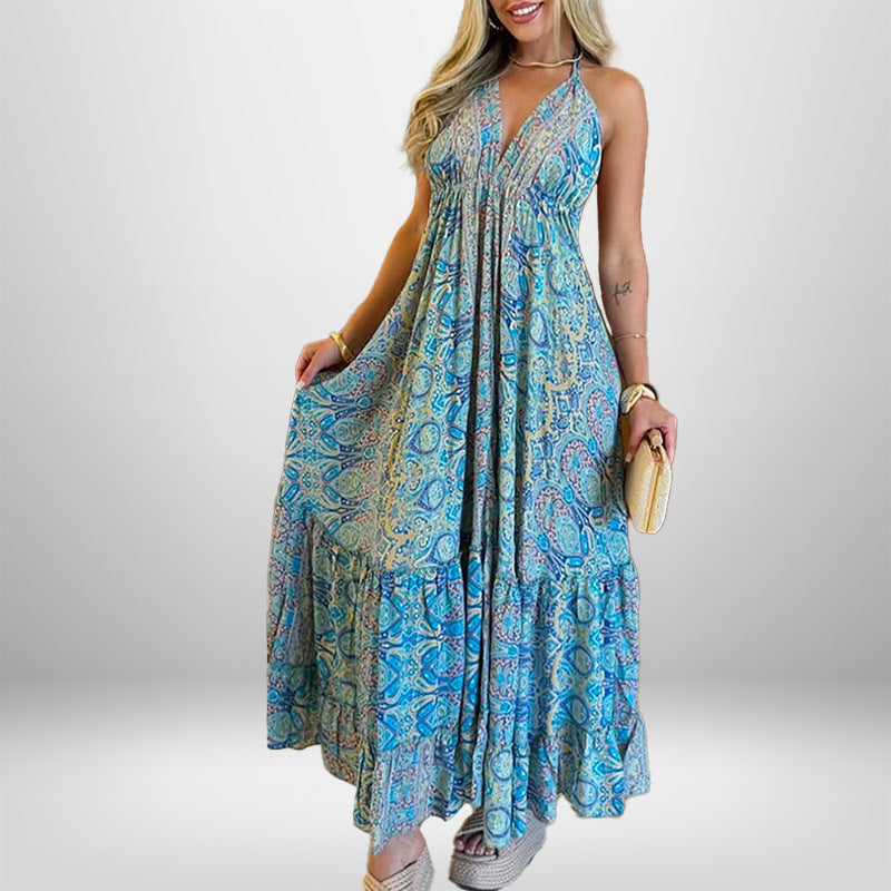 Damen Maxikleid im verspielten Boho-Stil mit tiefem V-Ausschnitt und schwingendem Rock Drune