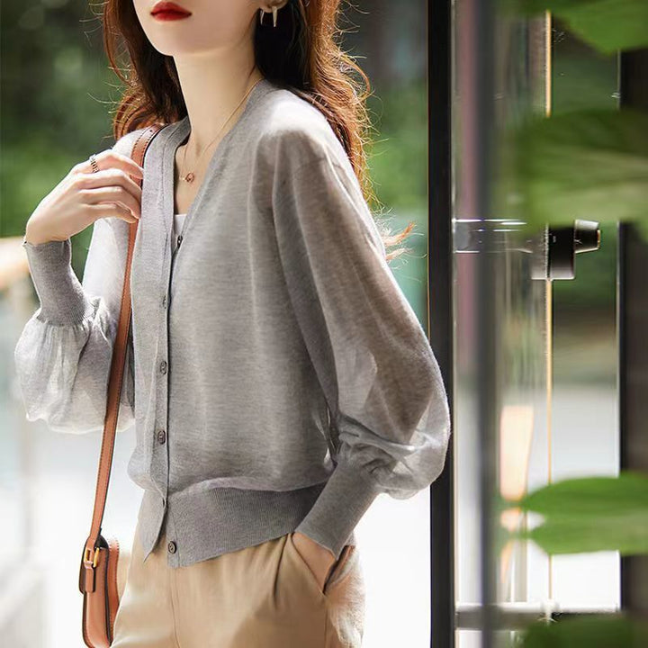 Damen luftige Strickjacke mit V-Ausschnitt und Knopfdetails Drune