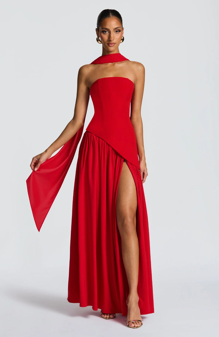 Damen Bodenlanges Maxikleid mit schulterfreiem Design und elegantem Schlitz Drune