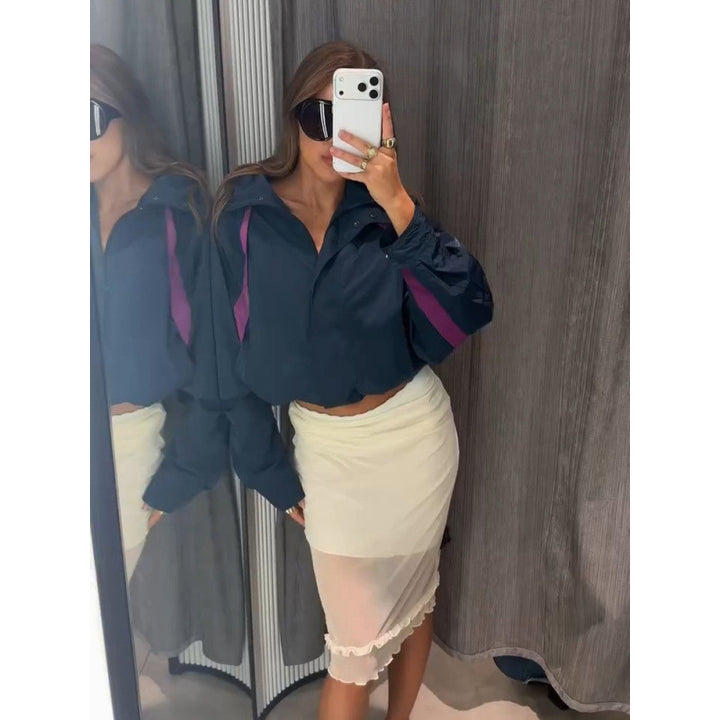 Damen Leichte Oversize Windjacke mit hohem Stehkragen und Kontraststreifen Drune