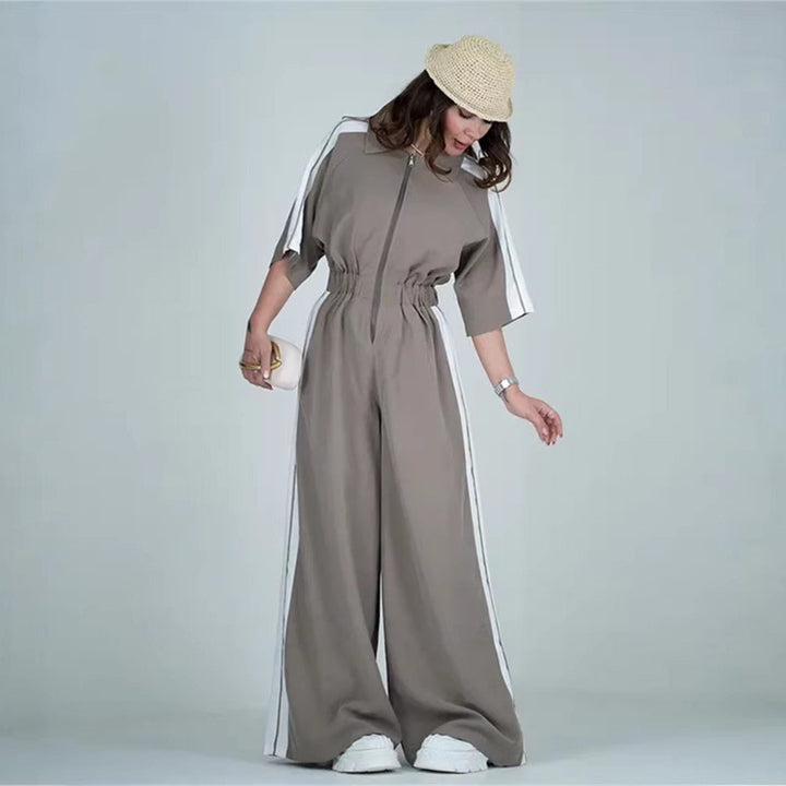 Damen Langer Jumpsuit mit Taillengebund und Kontraststreifen