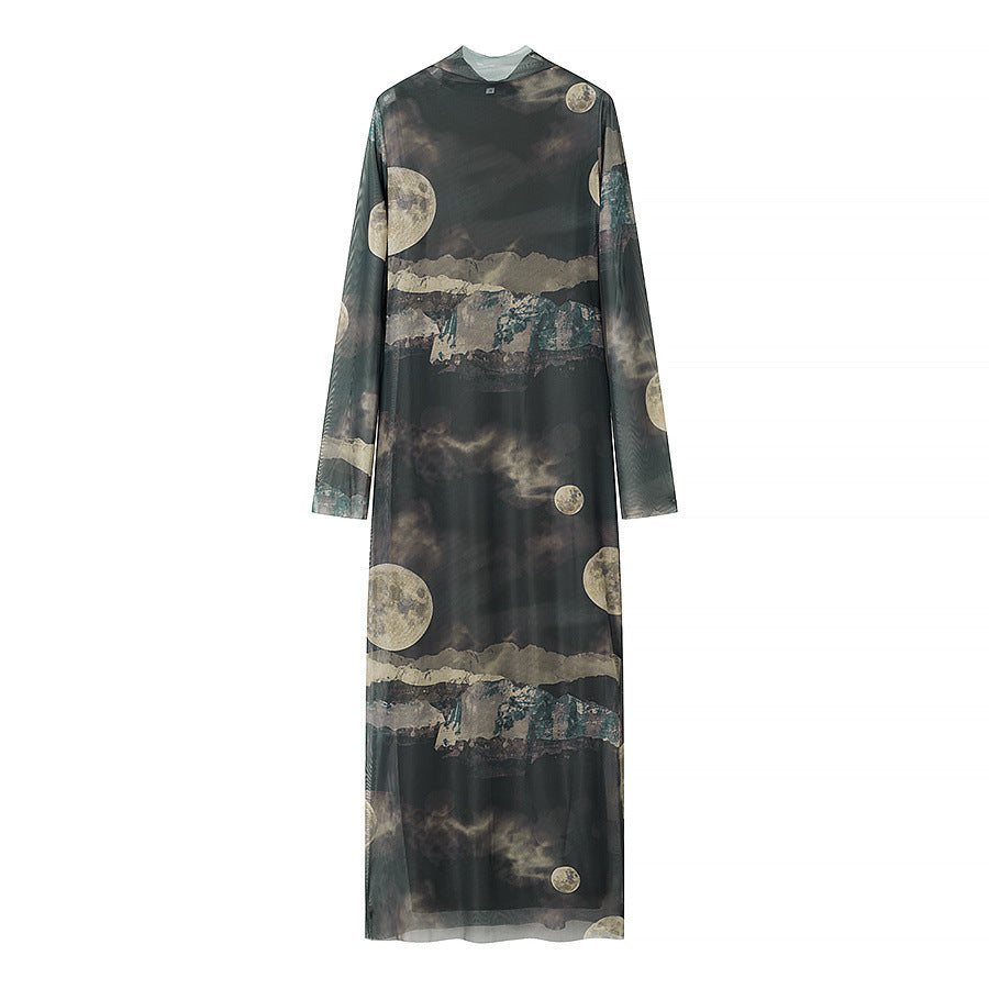 Damen nan langes Mesh-Maxikleid mit langen Ärmeln, hohem Rundhalsausschnitt und mystischem Mondprint Drune
