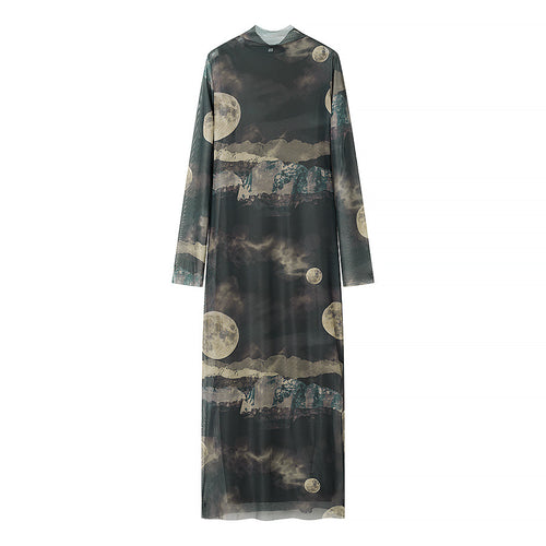 Damen nan langes Mesh-Maxikleid mit langen Ärmeln, hohem Rundhalsausschnitt und mystischem Mondprint Drune