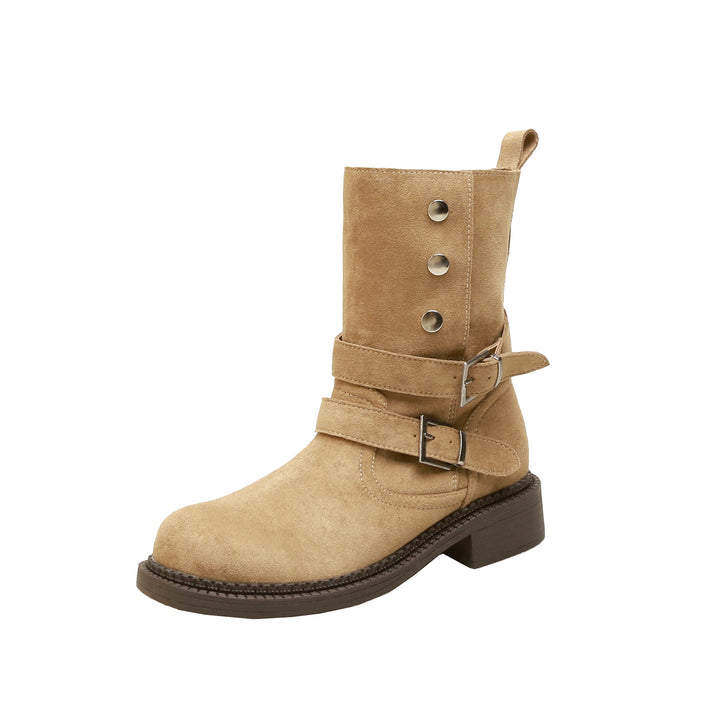 Damen Kurzschaft-Bikerboot aus Wildleder mit verstellbaren Schnallen und markantem Blockabsatz Drune