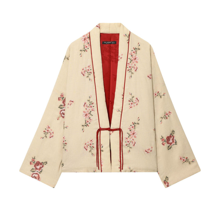 Damen Kimono mit floraler Stickerei und elegantem Taillengürtel Drune