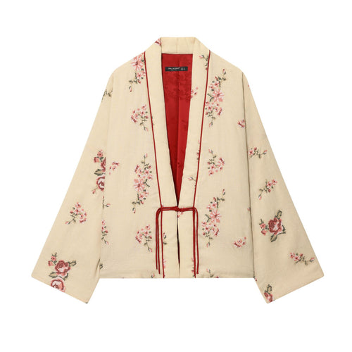 Damen Kimono mit floraler Stickerei und elegantem Taillengürtel Drune