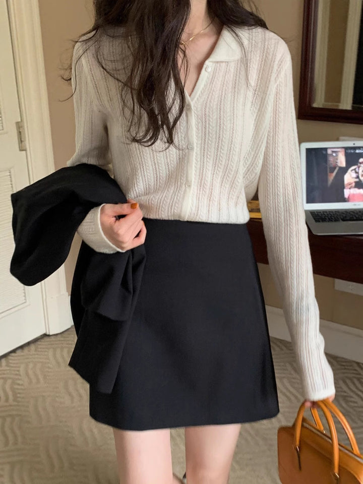 Damen Leichter Ajourstrick-Knopfccardigan mit Hemdkragen und feiner Zopfmusterstruktur Drune