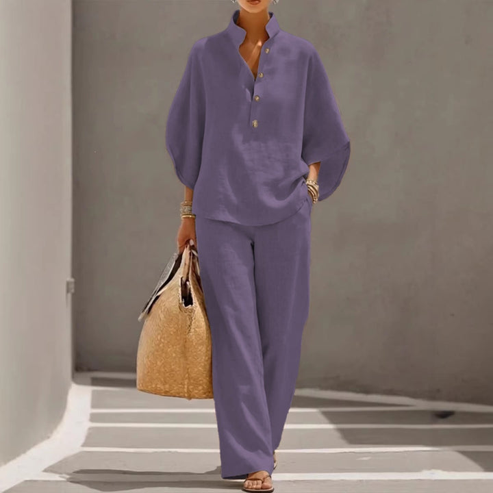 Damen Lockeres Leinenoptik-Zweiteiler mit Stehkragenbluse und weitem Palazzo-Hose Drune