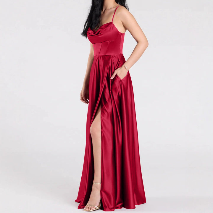 Damen Elegantes Abendkleid mit schimmerndem Satinfinish und tiefem Schlitz Drune