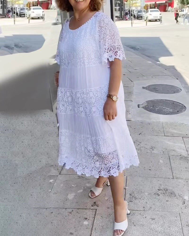Damen nan Midikleid mit Spitzenstufen, Plissee‑Einsätzen und kurzen Trompetenärmeln Drune
