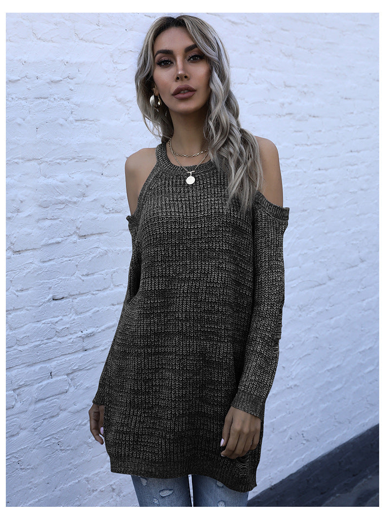 Damen Schulterfreier Grobstrickpullover mit Cut-Out-Detail, Oversize-Passform und geripptem Saum Drune