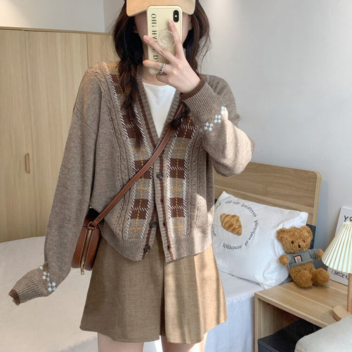 Damen Strickjacke mit modischem Karomuster und pastelligen Akzenten Drune