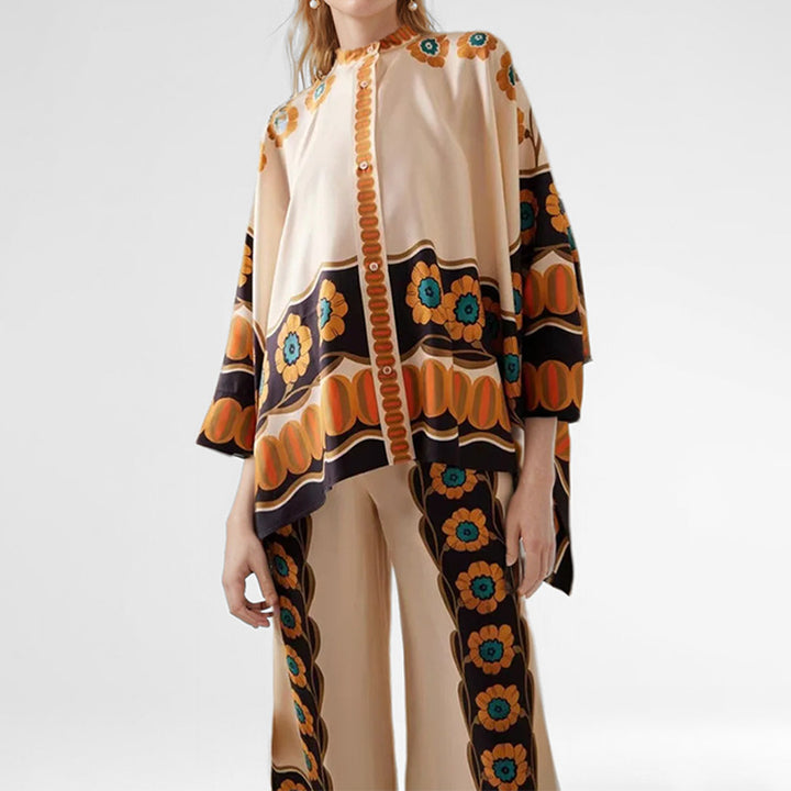 Damen Florales Kaftan-Oberteil mit Knopfdetail Drune